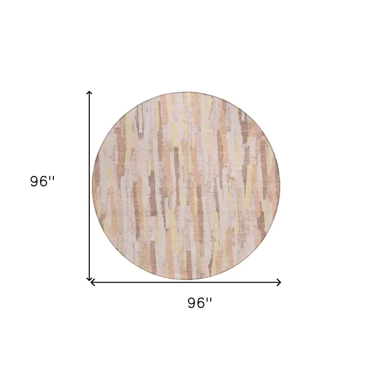 8' Pink And Beige Round Striped Washable Indoor Outdoor Area Rug