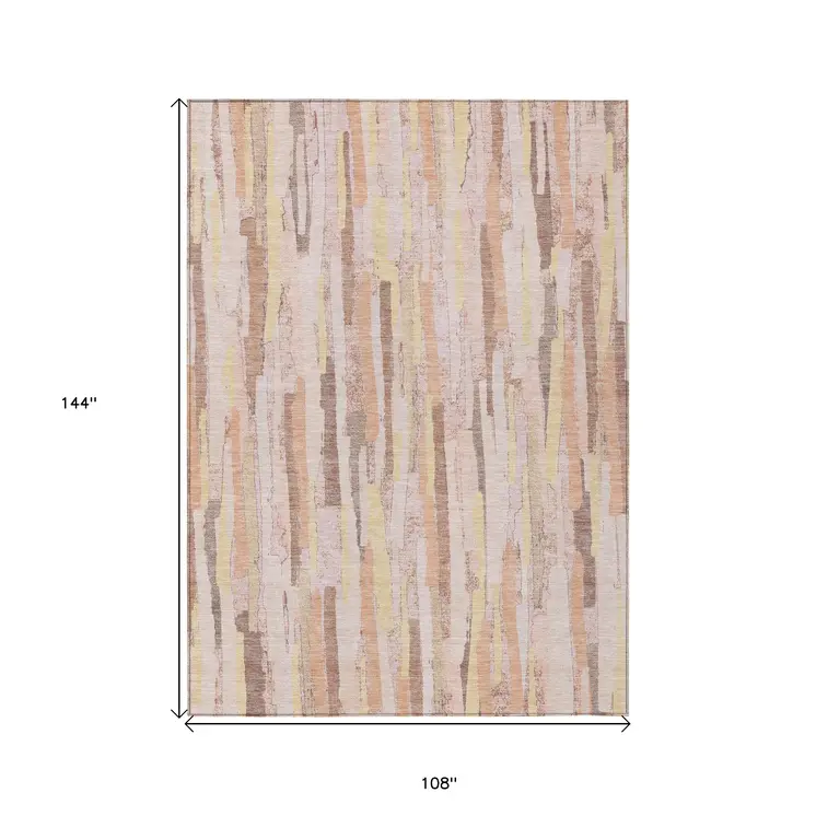 9' X 12' Pink And Beige Striped Washable Indoor Outdoor Area Rug