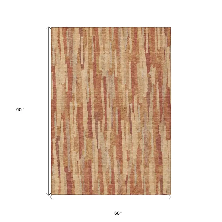 5' X 8' Salmon And Terra Cotta Striped Washable Indoor Outdoor Area Rug