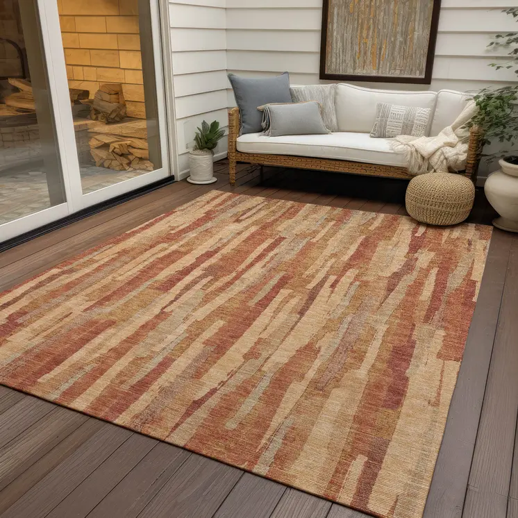 5' X 8' Salmon And Terra Cotta Striped Washable Indoor Outdoor Area Rug