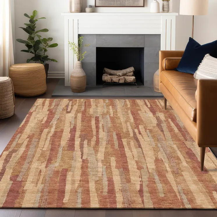 5' X 8' Salmon And Terra Cotta Striped Washable Indoor Outdoor Area Rug