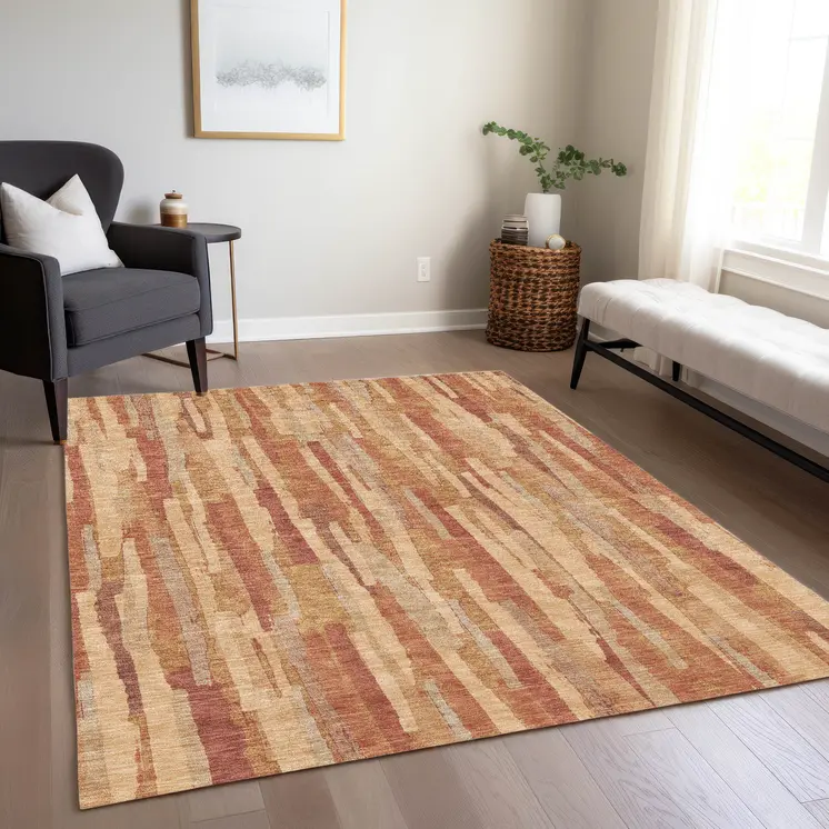 5' X 8' Salmon And Terra Cotta Striped Washable Indoor Outdoor Area Rug