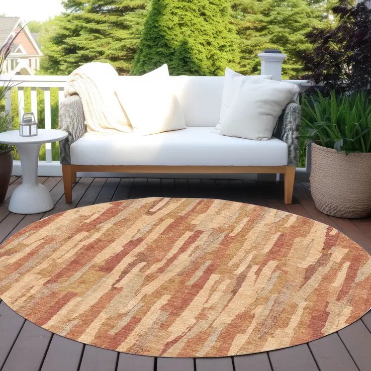8' Salmon And Terra Cotta Round Striped Washable Indoor Outdoor Area Rug