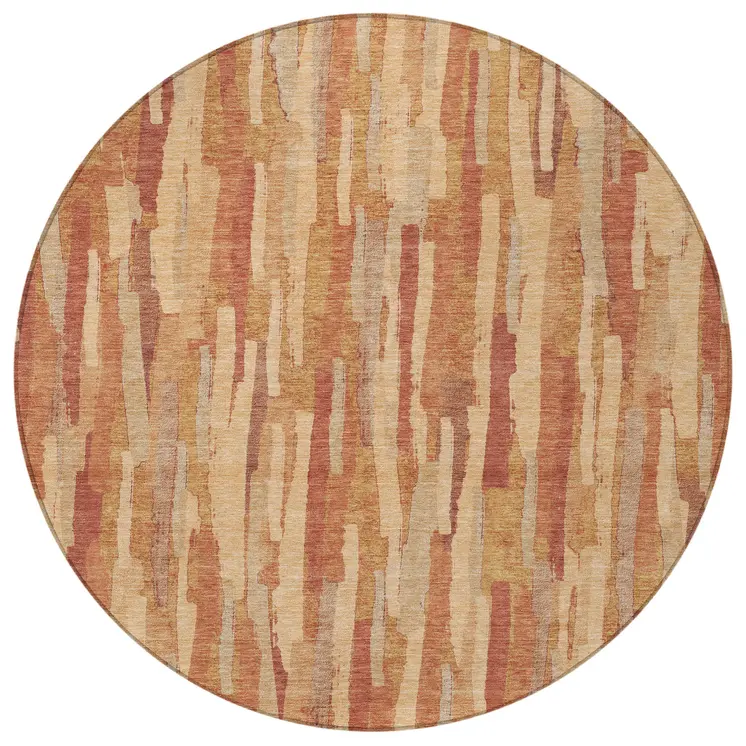 8' Salmon And Terra Cotta Round Striped Washable Indoor Outdoor Area Rug