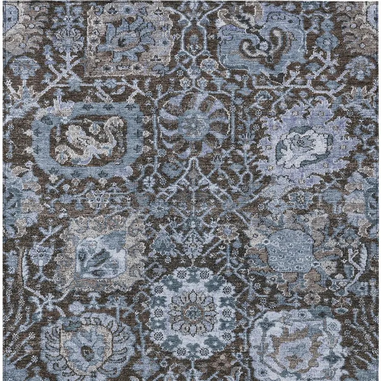3' X 5' Denim Blue And Slate Blue Damask Washable Indoor Outdoor Area Rug
