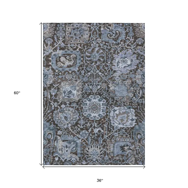 3' X 5' Denim Blue And Slate Blue Damask Washable Indoor Outdoor Area Rug
