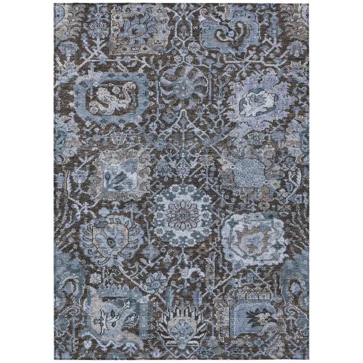 3' X 5' Denim Blue And Slate Blue Damask Washable Indoor Outdoor Area Rug