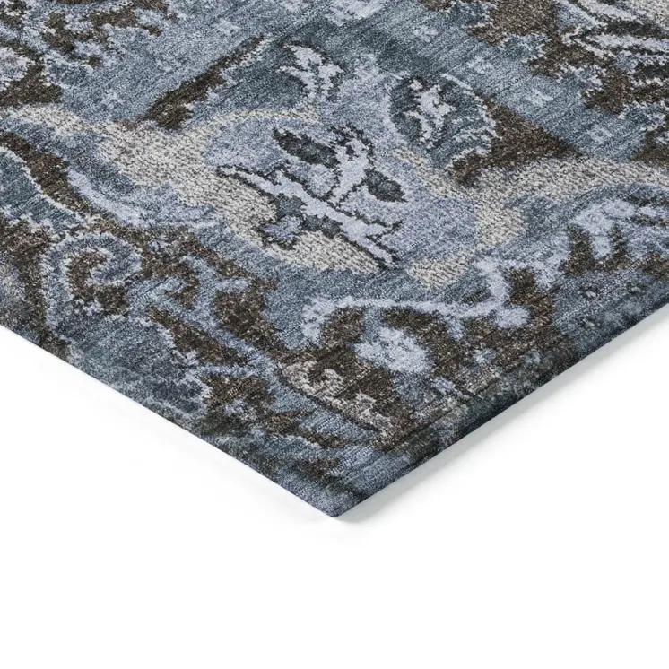 3' X 5' Denim Blue And Slate Blue Damask Washable Indoor Outdoor Area Rug