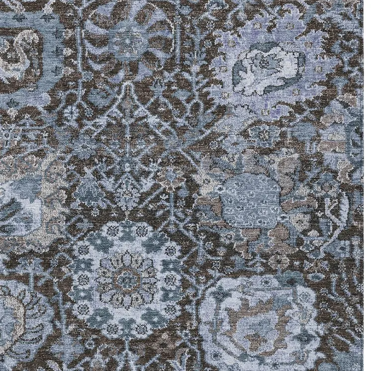 3' X 5' Denim Blue And Slate Blue Damask Washable Indoor Outdoor Area Rug