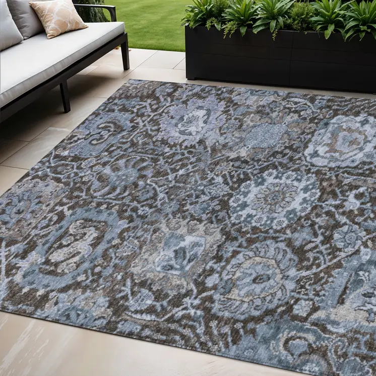 5' X 8' Denim Blue And Slate Blue Damask Washable Indoor Outdoor Area Rug