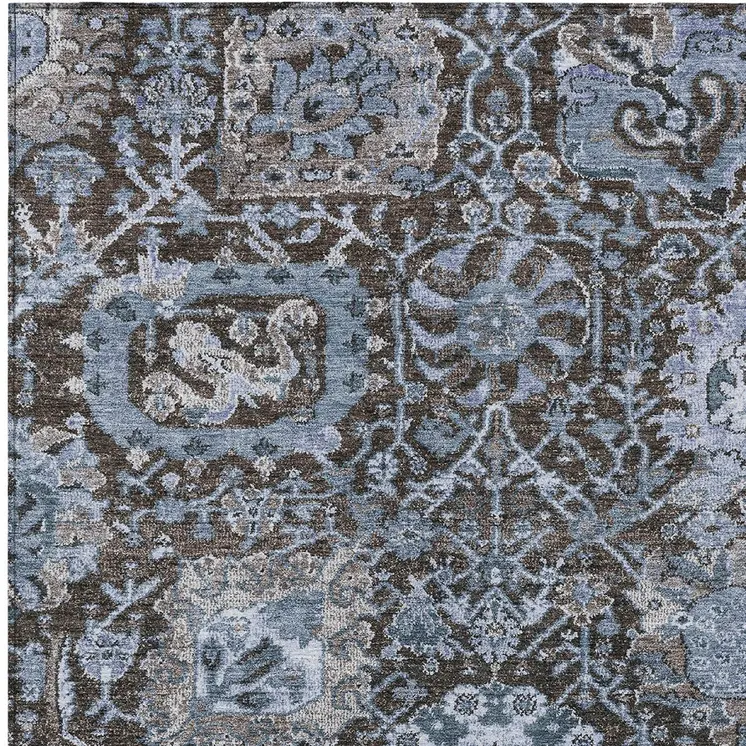 5' X 8' Denim Blue And Slate Blue Damask Washable Indoor Outdoor Area Rug