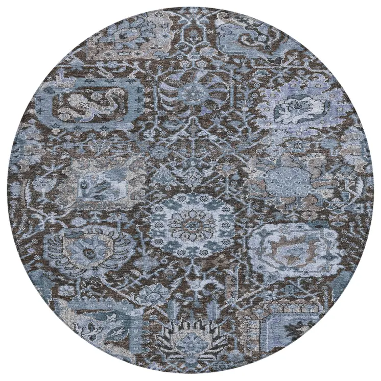 8' Denim Blue And Slate Blue Round Damask Washable Indoor Outdoor Area Rug