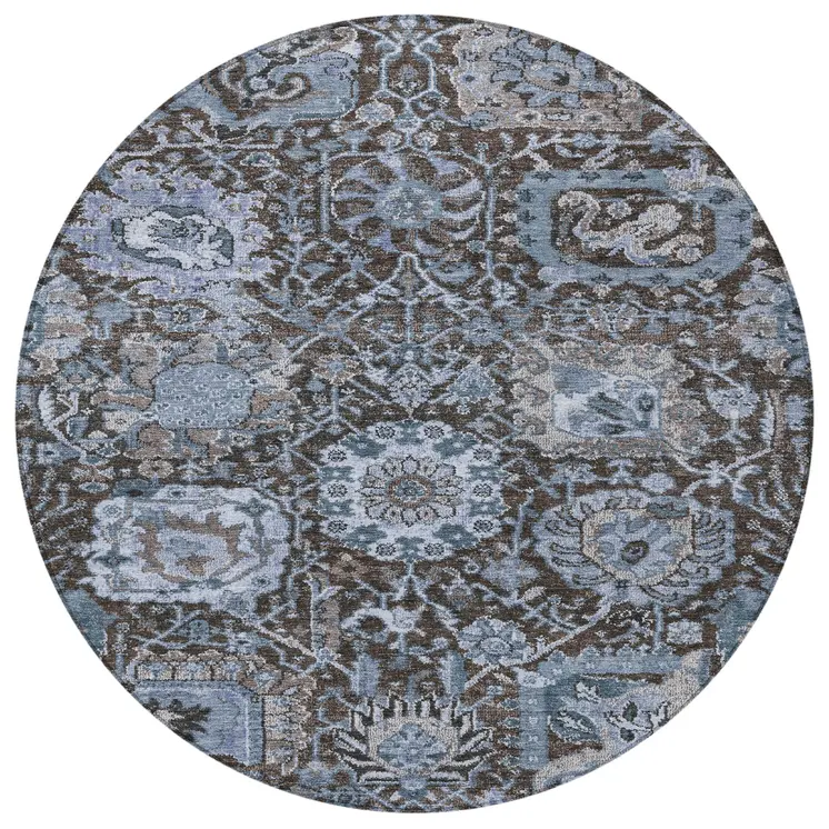 8' Denim Blue And Slate Blue Round Damask Washable Indoor Outdoor Area Rug