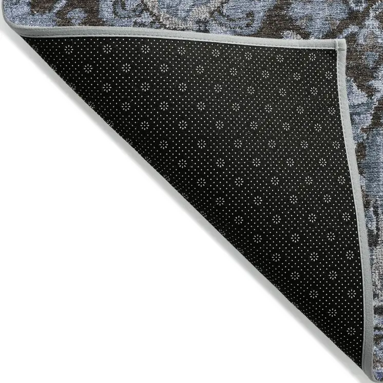 8' X 10' Denim Blue And Slate Blue Damask Washable Indoor Outdoor Area Rug