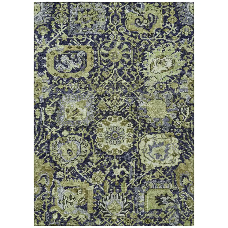 5' X 8' Fern Green And Blue Damask Washable Indoor Outdoor Area Rug