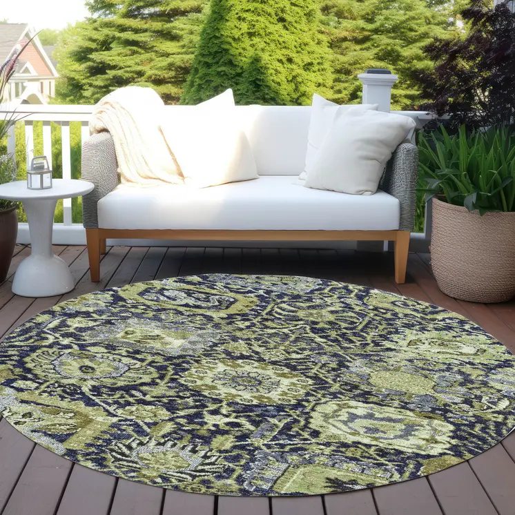 8' Fern Green And Blue Round Damask Washable Indoor Outdoor Area Rug