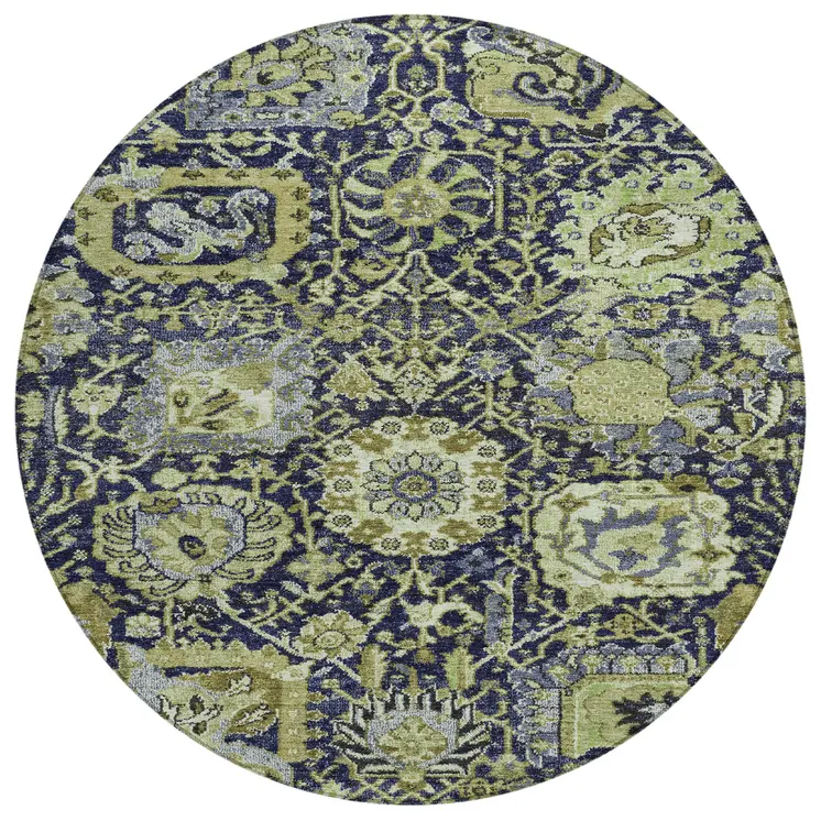 8' Fern Green And Blue Round Damask Washable Indoor Outdoor Area Rug