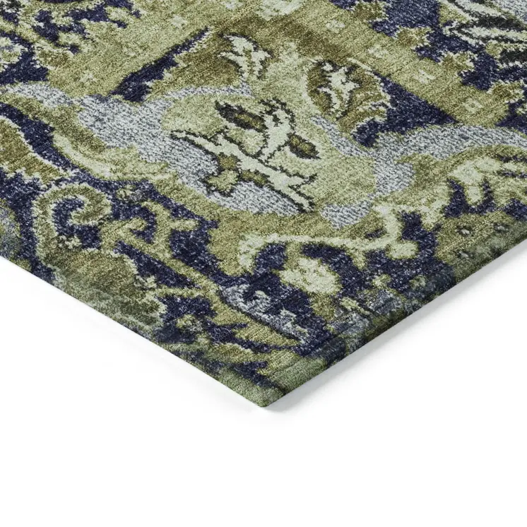 8' Fern Green And Blue Round Damask Washable Indoor Outdoor Area Rug