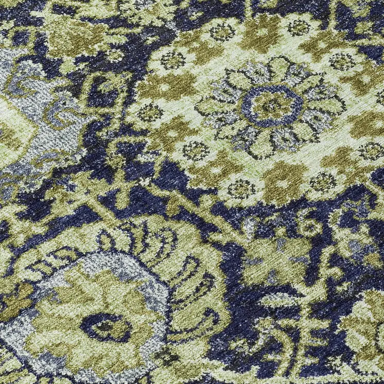 8' Fern Green And Blue Round Damask Washable Indoor Outdoor Area Rug