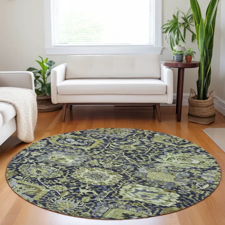 8' Fern Green And Blue Round Damask Washable Indoor Outdoor Area Rug
