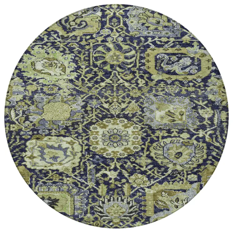 8' Fern Green And Blue Round Damask Washable Indoor Outdoor Area Rug