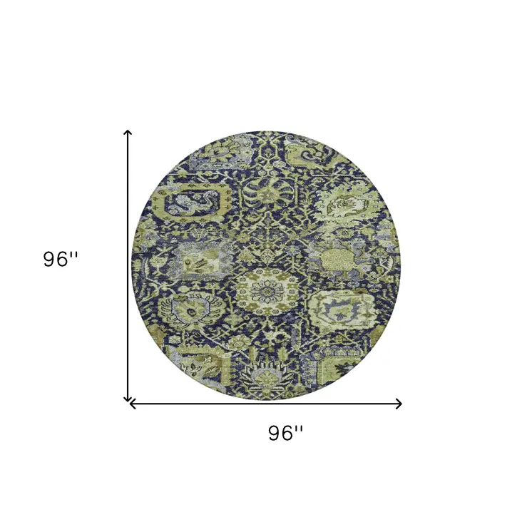 8' Fern Green And Blue Round Damask Washable Indoor Outdoor Area Rug