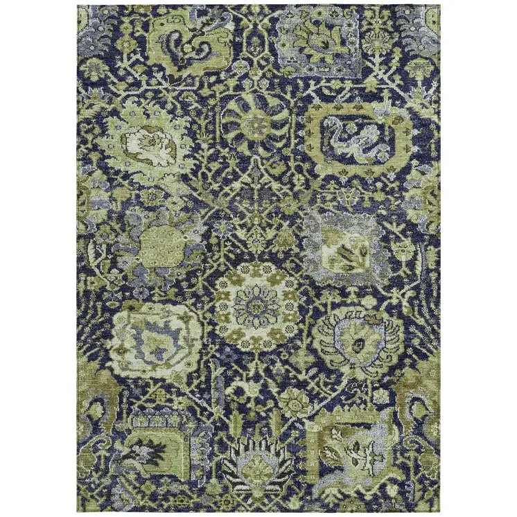 8' X 10' Fern Green And Blue Damask Washable Indoor Outdoor Area Rug