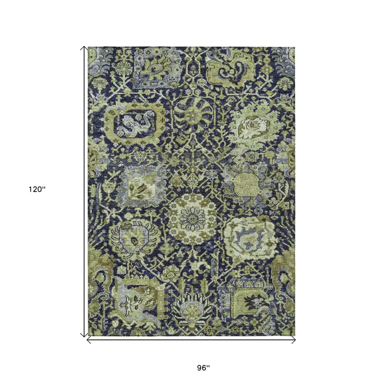 8' X 10' Fern Green And Blue Damask Washable Indoor Outdoor Area Rug