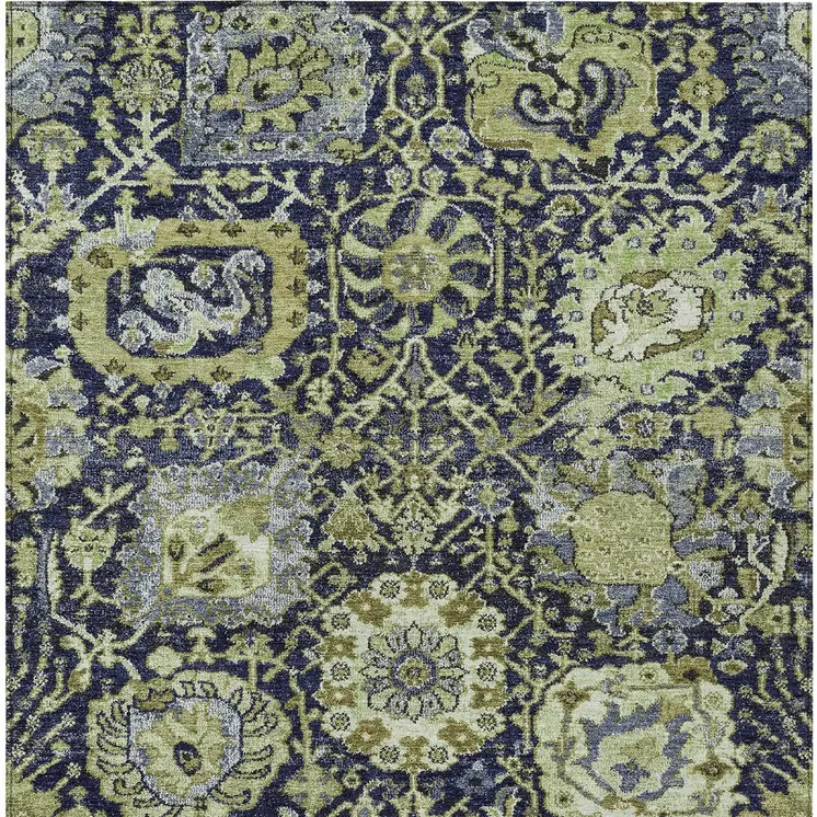 8' X 10' Fern Green And Blue Damask Washable Indoor Outdoor Area Rug