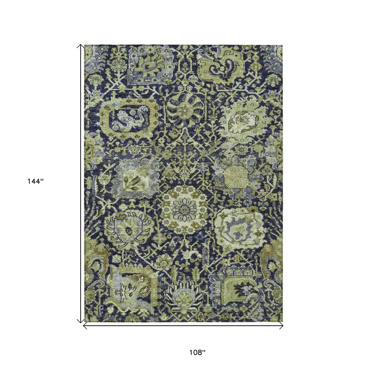9' X 12' Fern Green And Blue Damask Washable Indoor Outdoor Area Rug