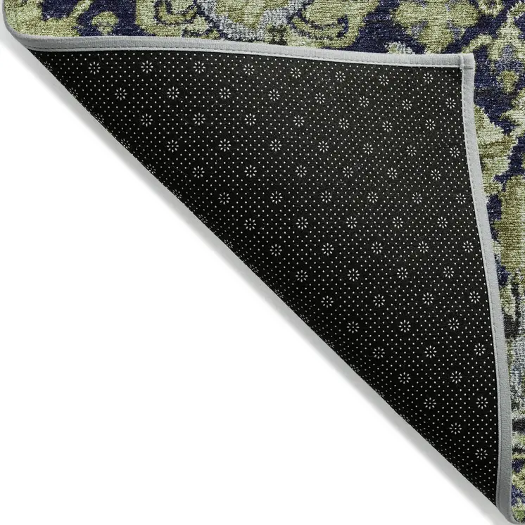 9' X 12' Fern Green And Blue Damask Washable Indoor Outdoor Area Rug
