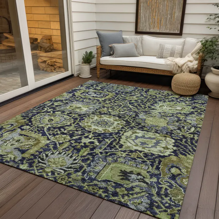 10' X 14' Fern Green And Blue Damask Washable Indoor Outdoor Area Rug