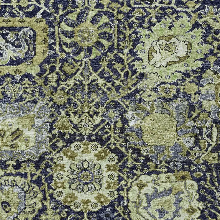10' X 14' Fern Green And Blue Damask Washable Indoor Outdoor Area Rug