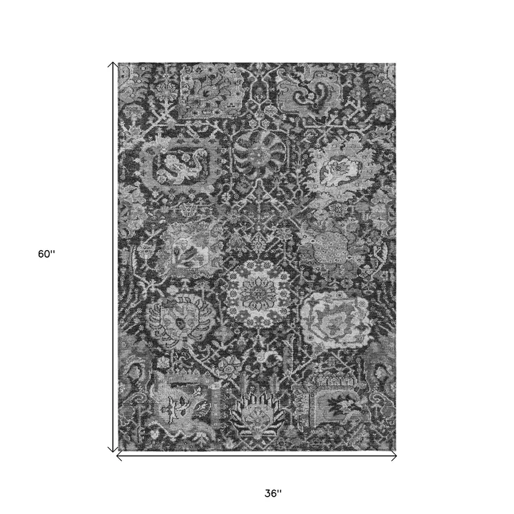 3' X 5' Gray And Ash Gray Damask Washable Indoor Outdoor Area Rug