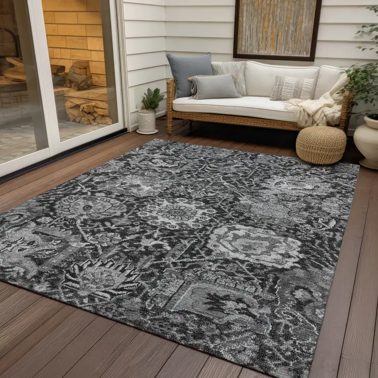 3' X 5' Gray And Ash Gray Damask Washable Indoor Outdoor Area Rug