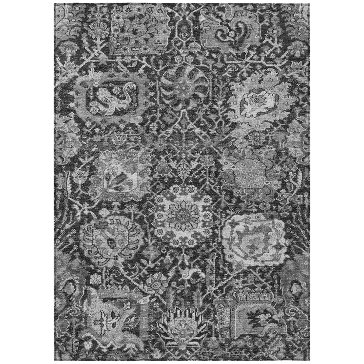 3' X 5' Gray And Ash Gray Damask Washable Indoor Outdoor Area Rug