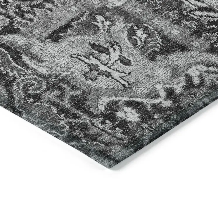 3' X 5' Gray And Ash Gray Damask Washable Indoor Outdoor Area Rug