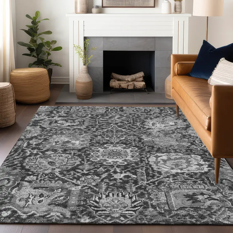 3' X 5' Gray And Ash Gray Damask Washable Indoor Outdoor Area Rug