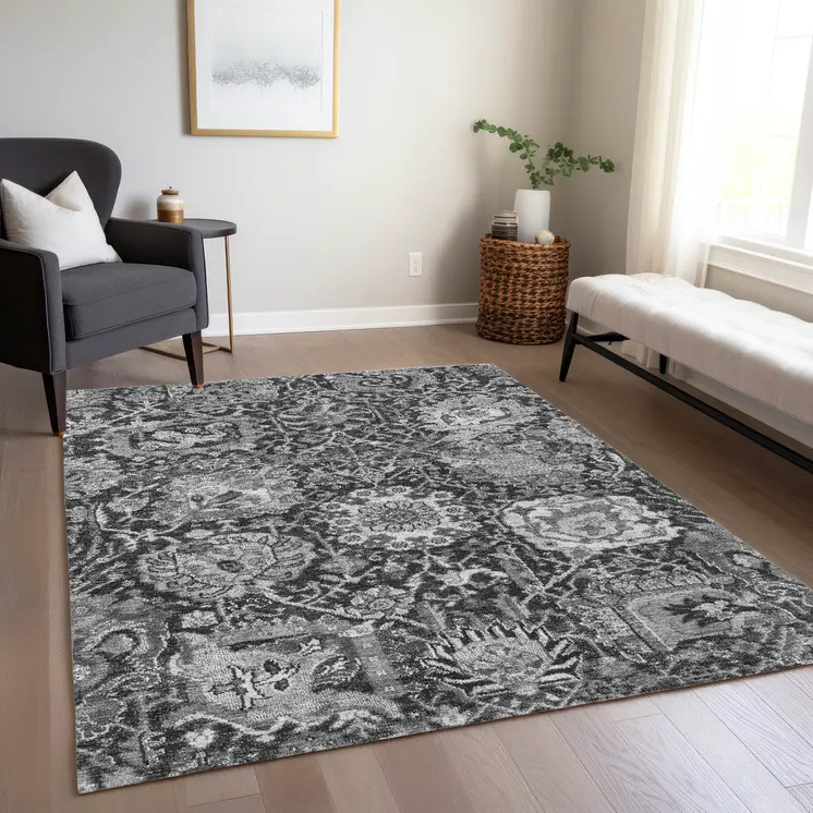 3' X 5' Gray And Ash Gray Damask Washable Indoor Outdoor Area Rug