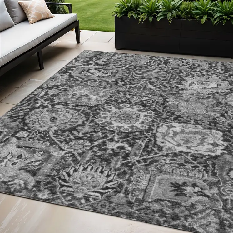 5' X 8' Gray And Ash Gray Damask Washable Indoor Outdoor Area Rug