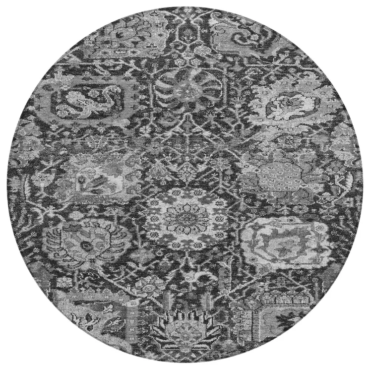 8' Gray And Ash Gray Round Damask Washable Indoor Outdoor Area Rug