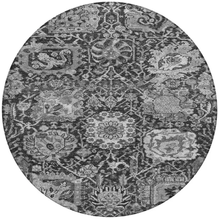 8' Gray And Ash Gray Round Damask Washable Indoor Outdoor Area Rug