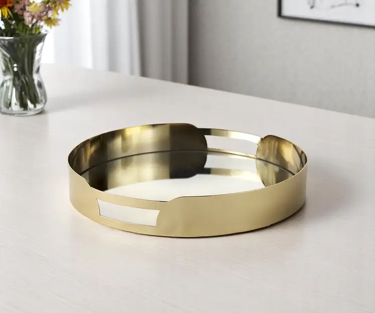 16" Gold Metal And Mirrored Glass Handmade Round Serving Tray