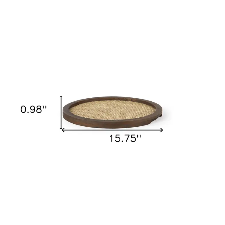 16" Brown And Natural Solid Wood And Wicker Handmade Round Serving Tray