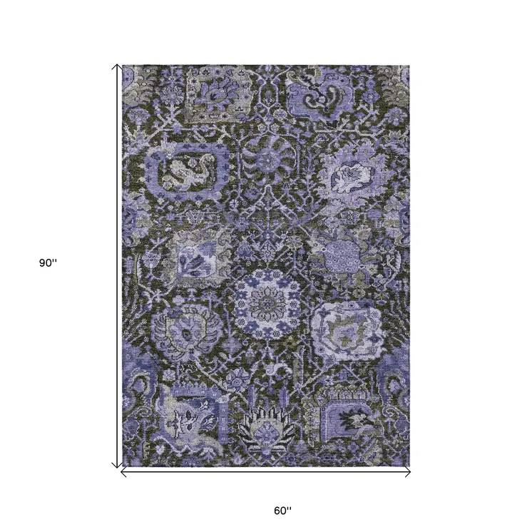 5' X 8' Purple And Black Damask Washable Indoor Outdoor Area Rug