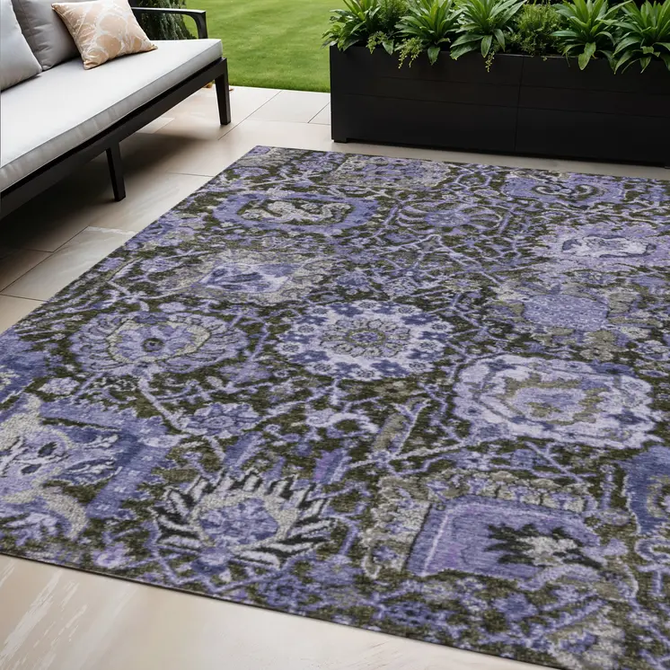 5' X 8' Purple And Black Damask Washable Indoor Outdoor Area Rug
