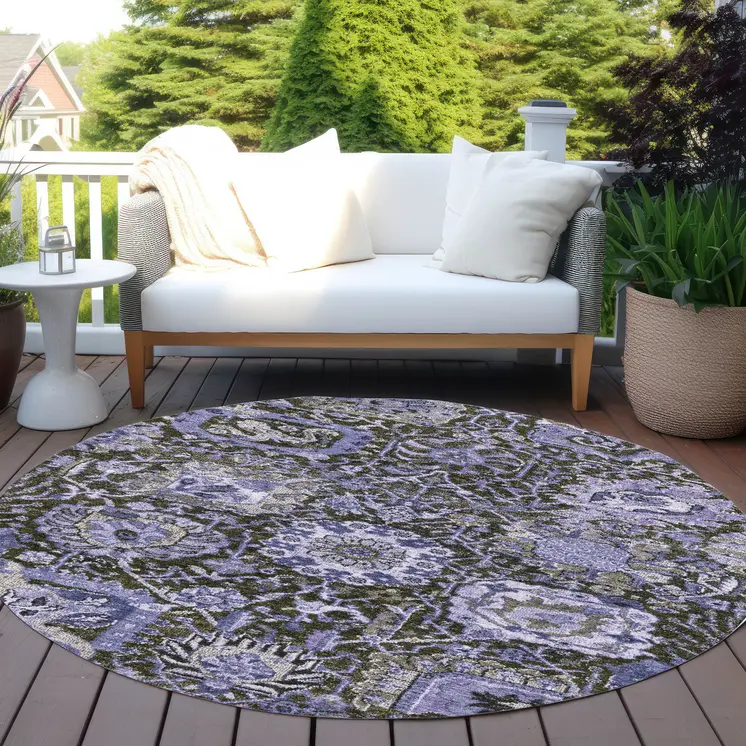 8' Purple And Black Round Damask Washable Indoor Outdoor Area Rug