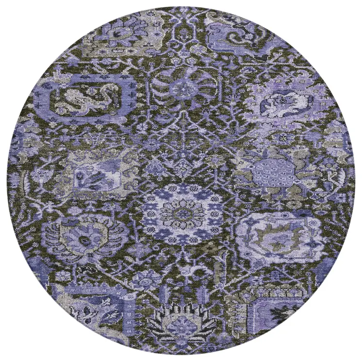 8' Purple And Black Round Damask Washable Indoor Outdoor Area Rug