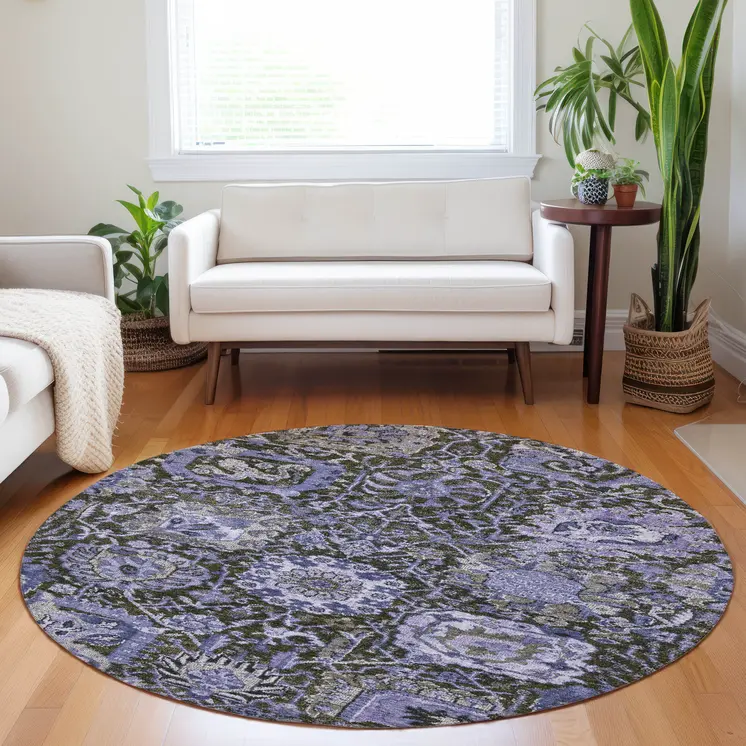 8' Purple And Black Round Damask Washable Indoor Outdoor Area Rug