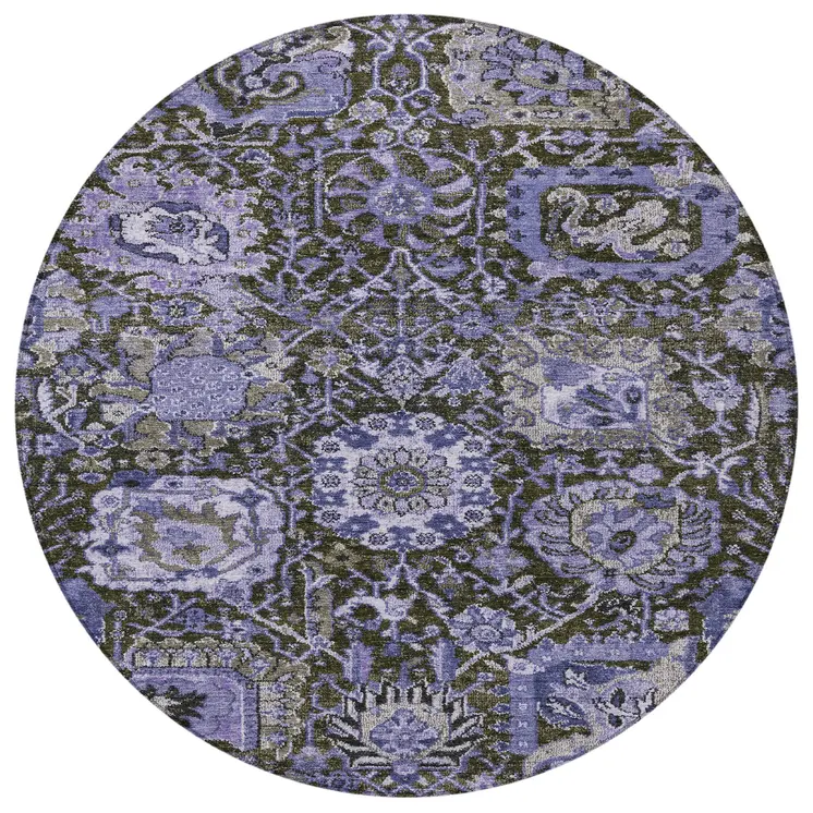 8' Purple And Black Round Damask Washable Indoor Outdoor Area Rug